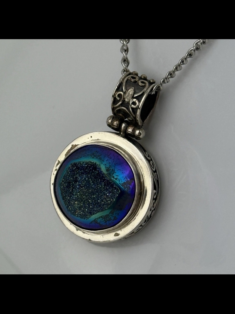 Blue Purple Iridescent Titanium Druzy Geode 925 Sterling Silver Pendant Necklace